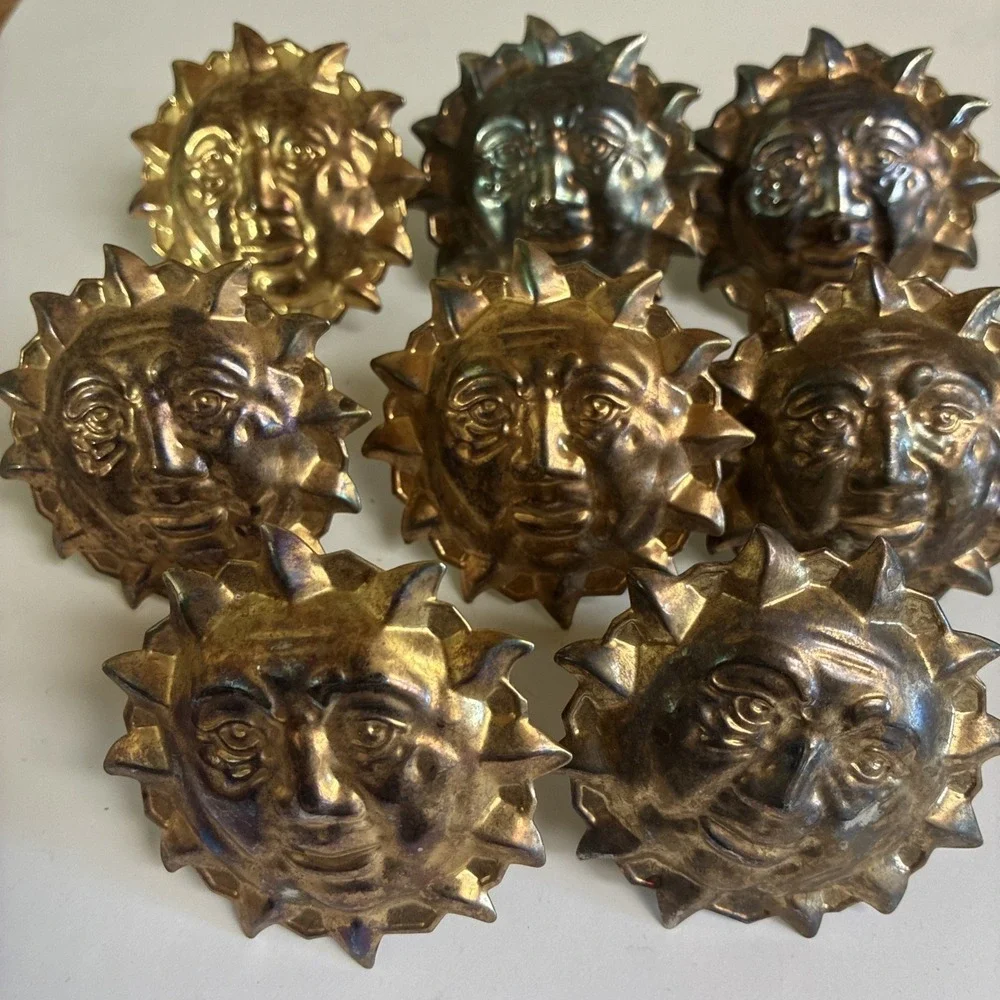 Napkin Rings Celestial Sun Face Brass‎ Tone Metal Set Of 8 Vintage